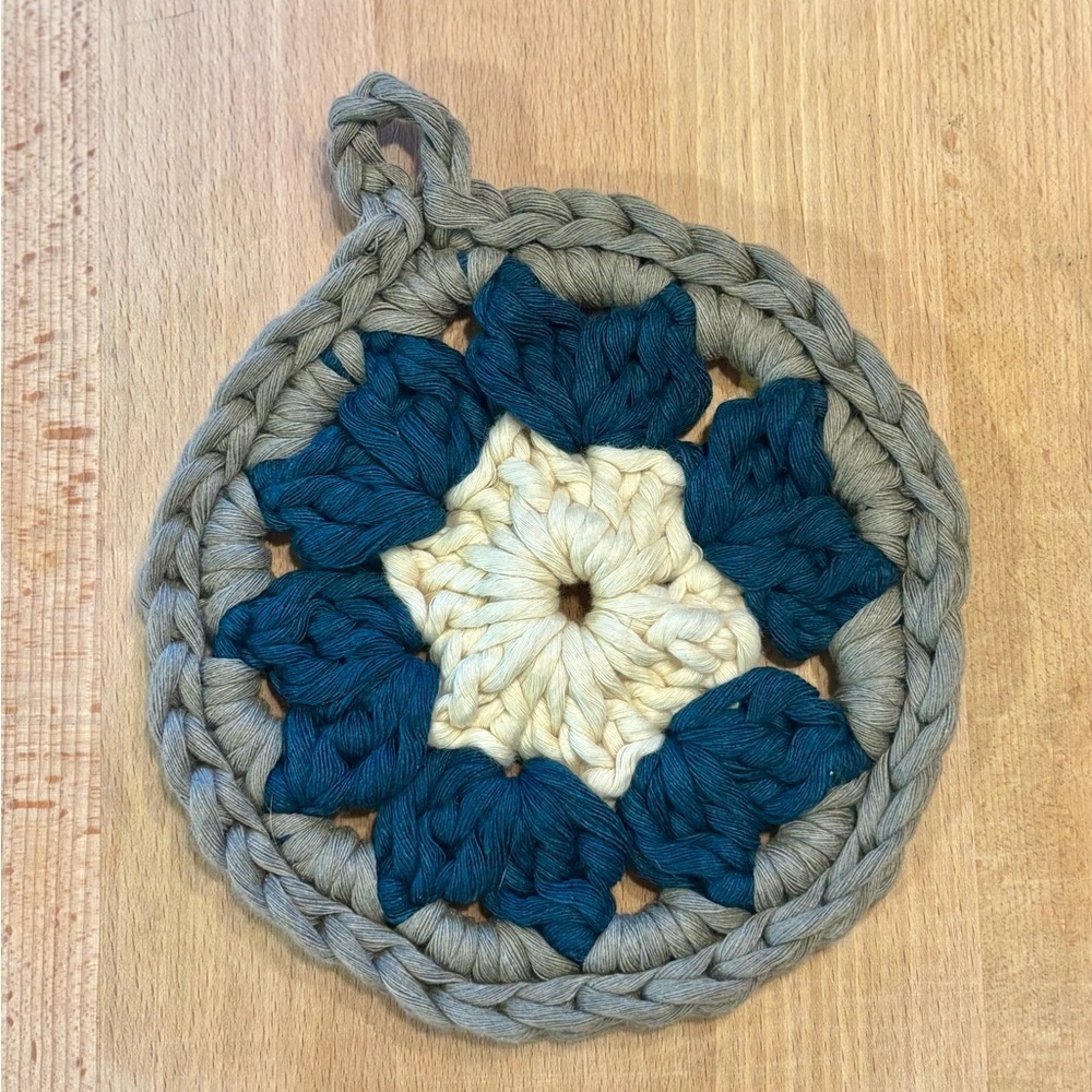 Handmade Crochet Round Trivet in Cream, Teal & Gray 7 Inch Round